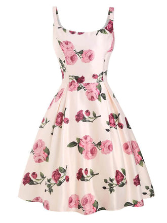 ROSA 1950ER SPAGHETTE BLUMEN HOHE TAILLE SWING KLEID