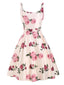 Rosa 1950er Spaghette Blumen Hohe Taille Swing Kleid