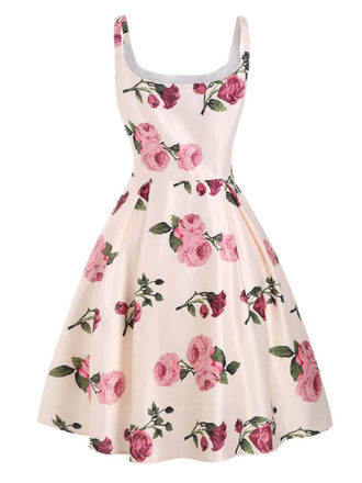 ROSA 1950ER SPAGHETTE BLUMEN HOHE TAILLE SWING KLEID