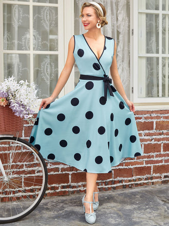 [Vorverkauf] Blau 1950er Bogen Tupfen Swing Kleid