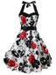 Multicolor 1950er Blumen Rose Halter Bogen Swing Kleid