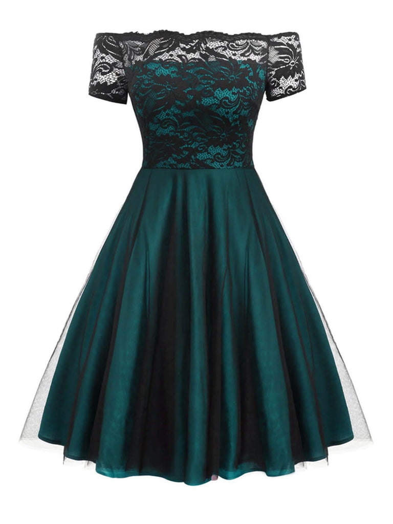 GROSS 1950ER SPITZE SCHULTERFREI BLUMEN SWING KLEID