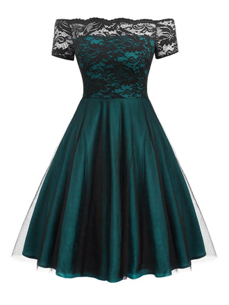 GROSS 1950ER SPITZE SCHULTERFREI BLUMEN SWING KLEID