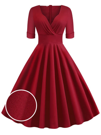 Weinrot 1950ER HOHE TAILLE V-AUSSCHNITT SWING KLEID