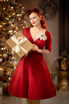 Weinrot 1950ER HOHE TAILLE V-AUSSCHNITT SWING KLEID