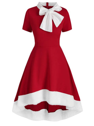 Rot 1950er Weihnachten Bogen Kragen Swing Kleid