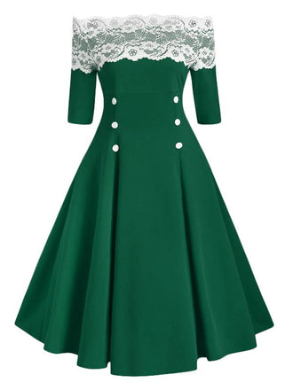 Grün 1950er Knopf Verziert Schulterfreies Kleid