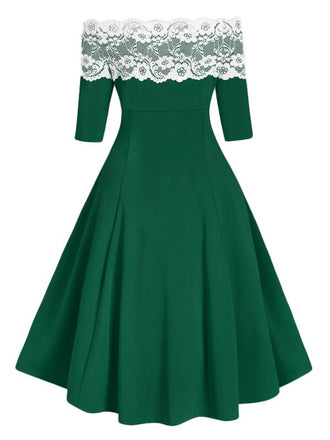 Grün 1950er Knopf Verziert Schulterfreies Kleid