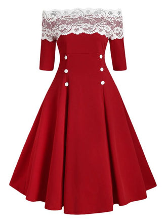 1950ER SCHULTERFREI SPITZE HALBE ÄRMEL KLEID
