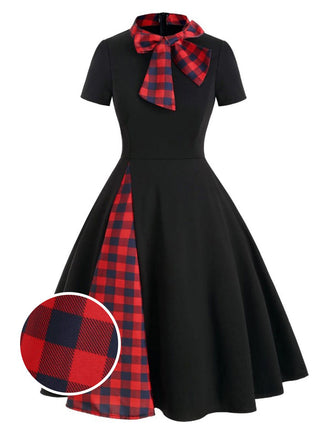 1950ER PLAID BOW PATCHWORK SWING KLEID