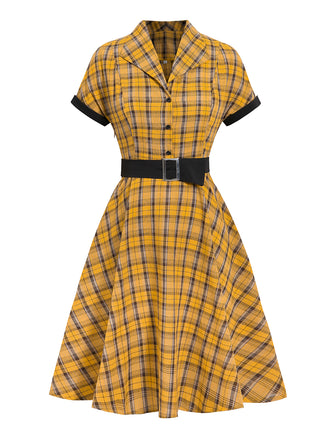 GELB 1950ER PLAID GÜRTEL BLUSE KLEID