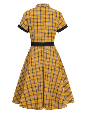 GELB 1950ER PLAID GÜRTEL BLUSE KLEID