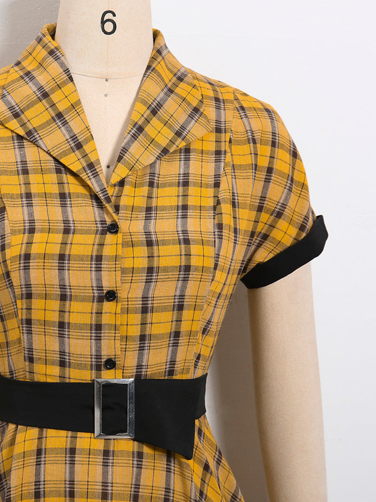 GELB 1950ER PLAID GÜRTEL BLUSE KLEID