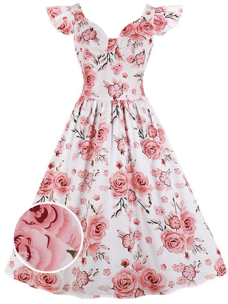 1950ER BLUMEN KURZ ÄRMEL V-AUSSCHNITT SWING KLEID