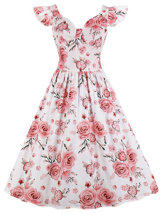1950ER BLUMEN KURZ ÄRMEL V-AUSSCHNITT SWING KLEID