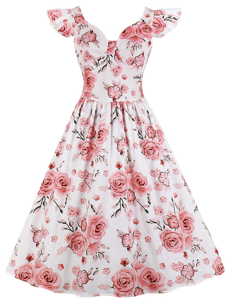 1950ER BLUMEN KURZ ÄRMEL V-AUSSCHNITT SWING KLEID