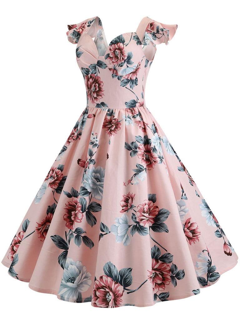 1950ER BLUMEN KURZ ÄRMEL V-AUSSCHNITT SWING KLEID