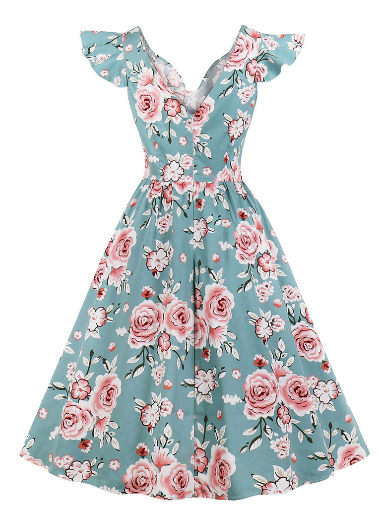 1950ER BLUMEN KURZ ÄRMEL V-AUSSCHNITT SWING KLEID
