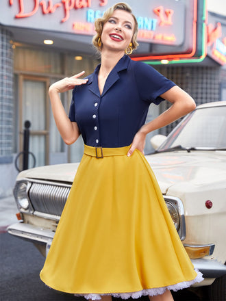 Blau & Gelb 1950ER Patchwork V-Ausschnitt Kurzarm Swing Kleid