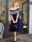 Marineblau 1950er Streifen Schulterfreies Kleid