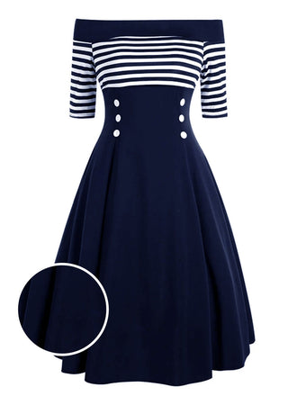 MARINEBLAU 1950ER STREIFEN SCHULTERFREIES KLEID
