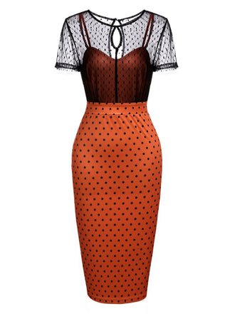 ORANGE VINTAGE KURZARM DOT PENCIL KLEID
