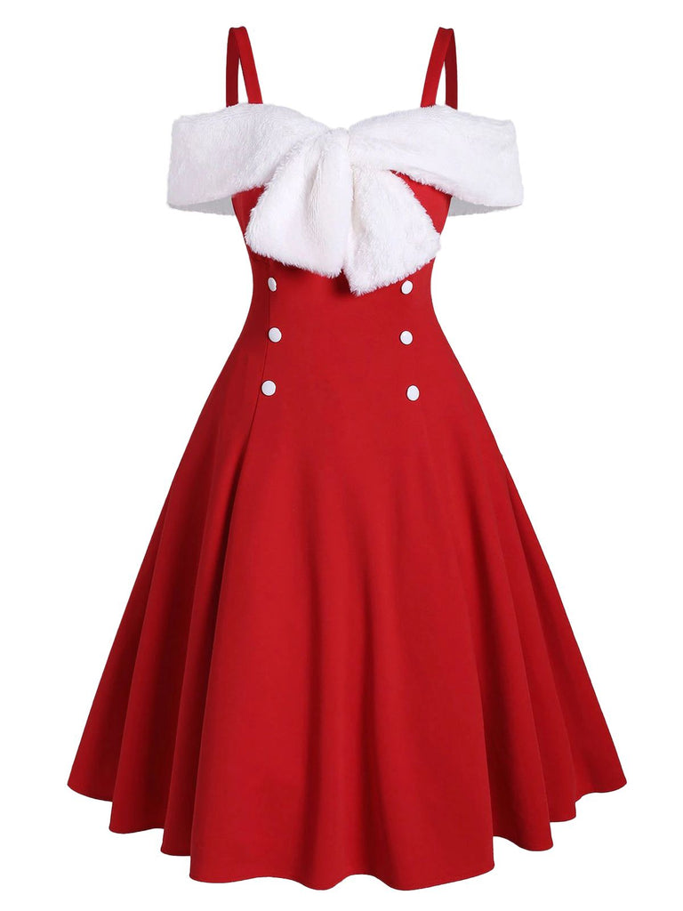 Rot 1950er Weihnachten Bogen Kalte Schulter Swing Kleid