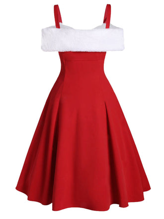 Rot 1950er Weihnachten Bogen Kalte Schulter Swing Kleid