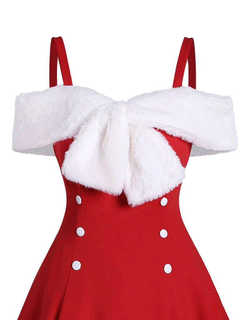 Rot 1950er Weihnachten Bogen Kalte Schulter Swing Kleid