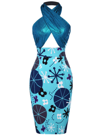 Blau 1960er Halter Abstrakt Blumen Körperbetont Kleid