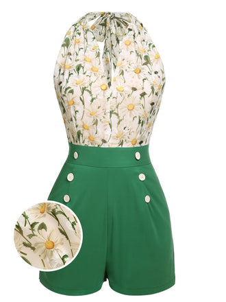 Grün 1950er Blumen Halter Schnürung Vintage Romper