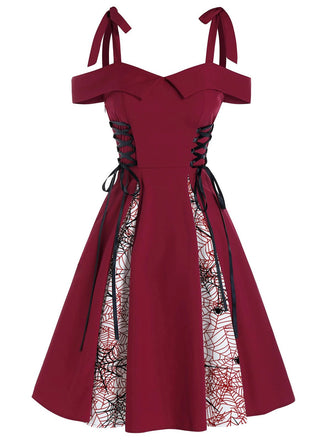ROT SPAGHETTI SWING KLEID MIT SPINNENNETZ
