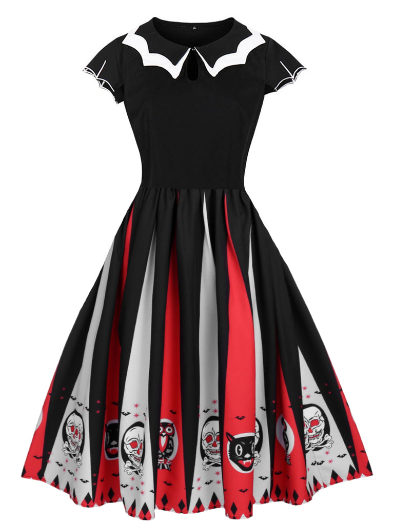 Schwarz 1950er Totenkopf Eule Patchwork Kleid