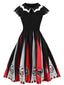 Schwarz 1950er Totenkopf Eule Patchwork Kleid