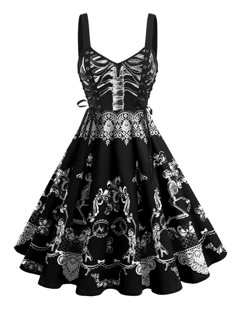 Schwarz 1950er Gothic Skelett Schnür Halloween Kleid