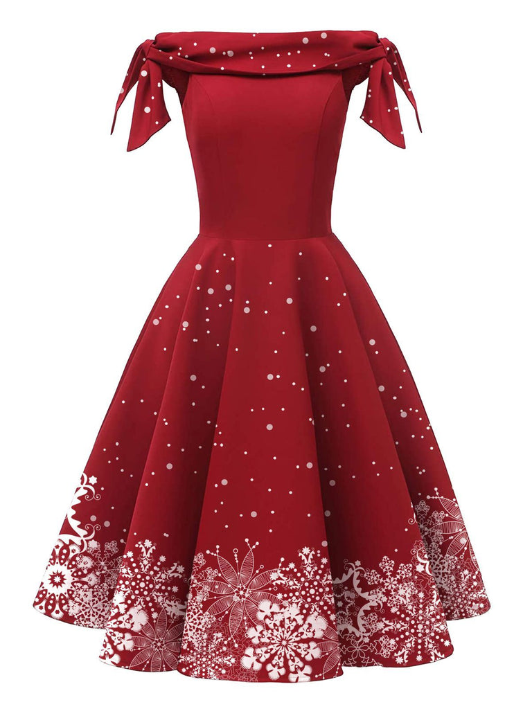 Rot 1950er Weihnachten Schulterfrei Schneeflocke Kleid
