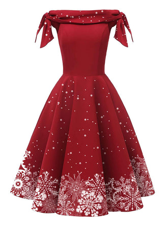 Rot 1950er Weihnachten Schulterfrei Schneeflocke Kleid