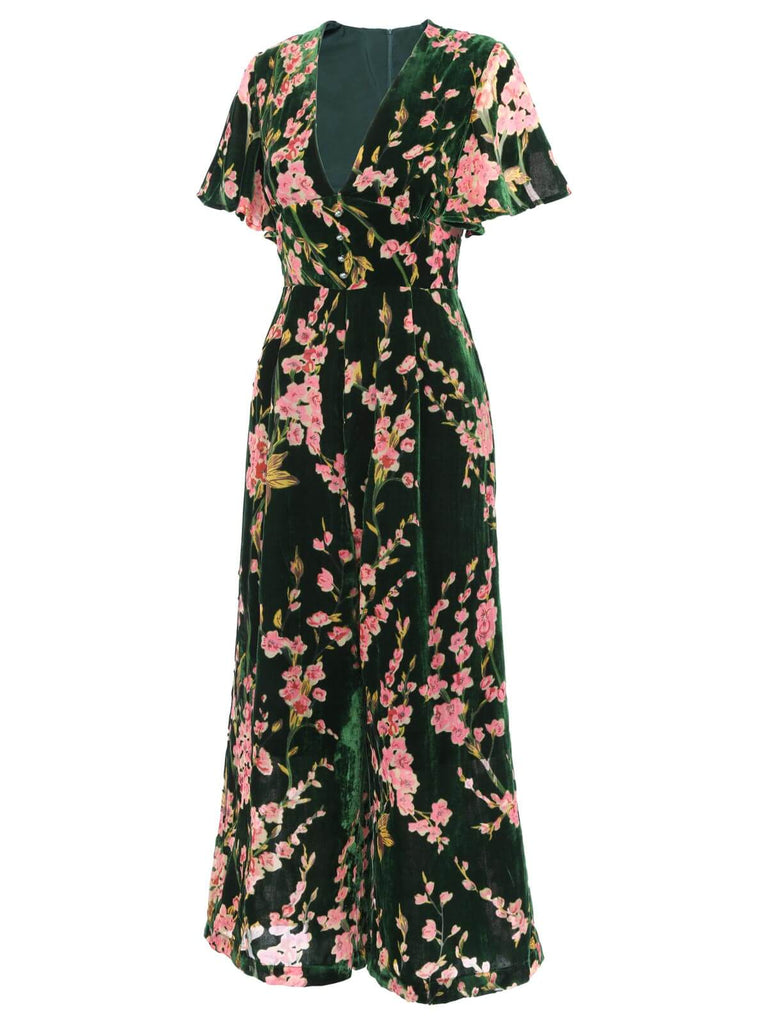 [Übergröße] Grün 1930er Samt Vintage Jumpsuit