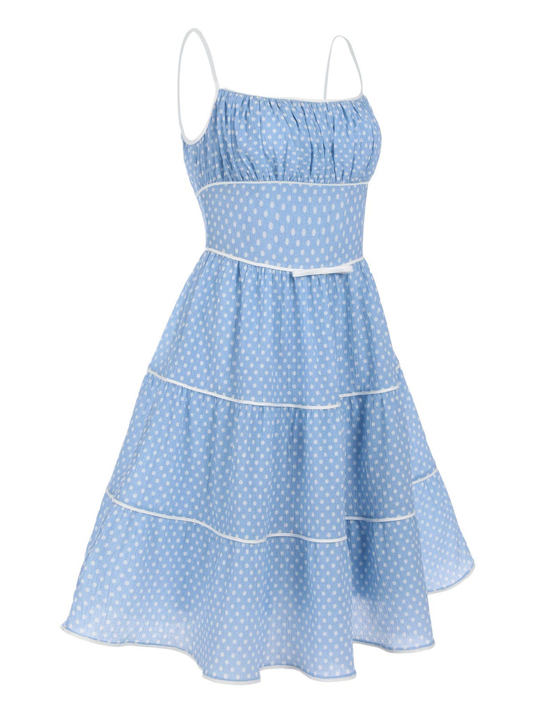 Himmelblau 1950er Tupfen Trägern Swing Kleid