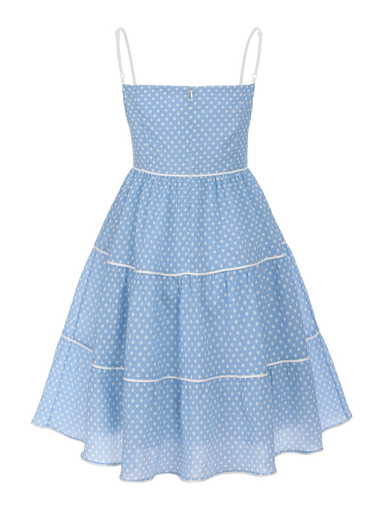 Himmelblau 1950er Tupfen Trägern Swing Kleid