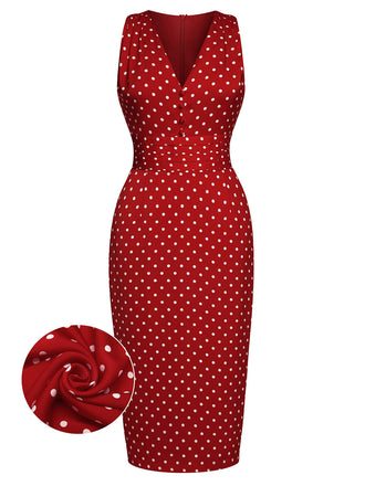 1960ER ROTE PUNKTE BLEISTIFTKLEID MIT V-AUSSCHNITT