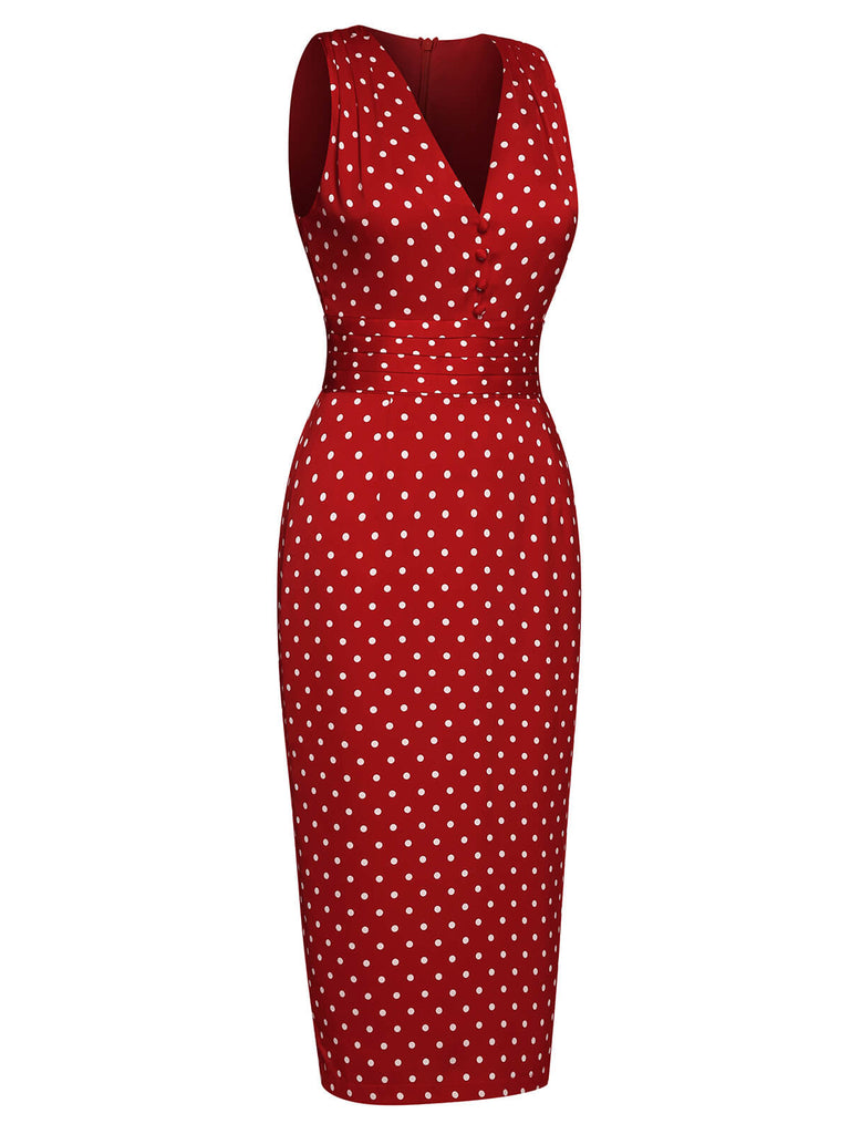 1960ER ROTE PUNKTE BLEISTIFTKLEID MIT V-AUSSCHNITT