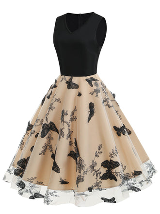 1950ER PATCHWORK STICKEREI Schmetterlings SWING KLEID