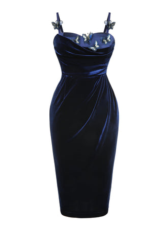 1960er Blaues 3D-Schmetterlingssamt Bleistiftkleid
