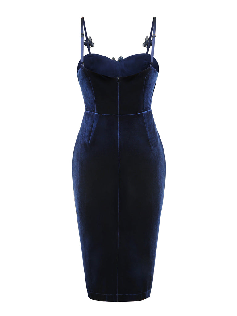 1960er Blaues 3D-Schmetterlingssamt Bleistiftkleid
