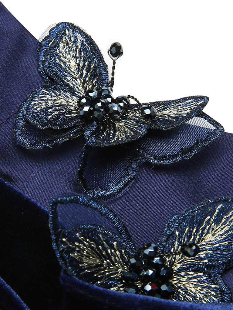 1960er Blaues 3D-Schmetterlingssamt Bleistiftkleid
