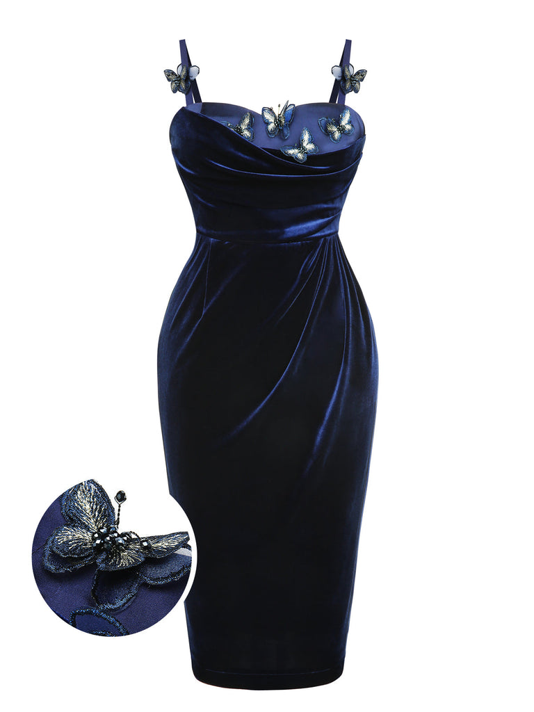 1960er Blaues 3D-Schmetterlingssamt Bleistiftkleid