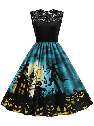 BLAUES HALLOWEEN SPITZEN PATCHWORK KLEID