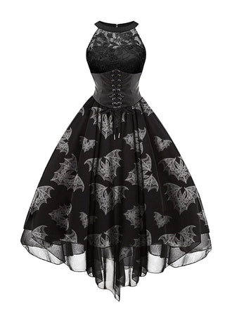1950er Halloween Gothic Fledermaus-Druck Spitze Kleid