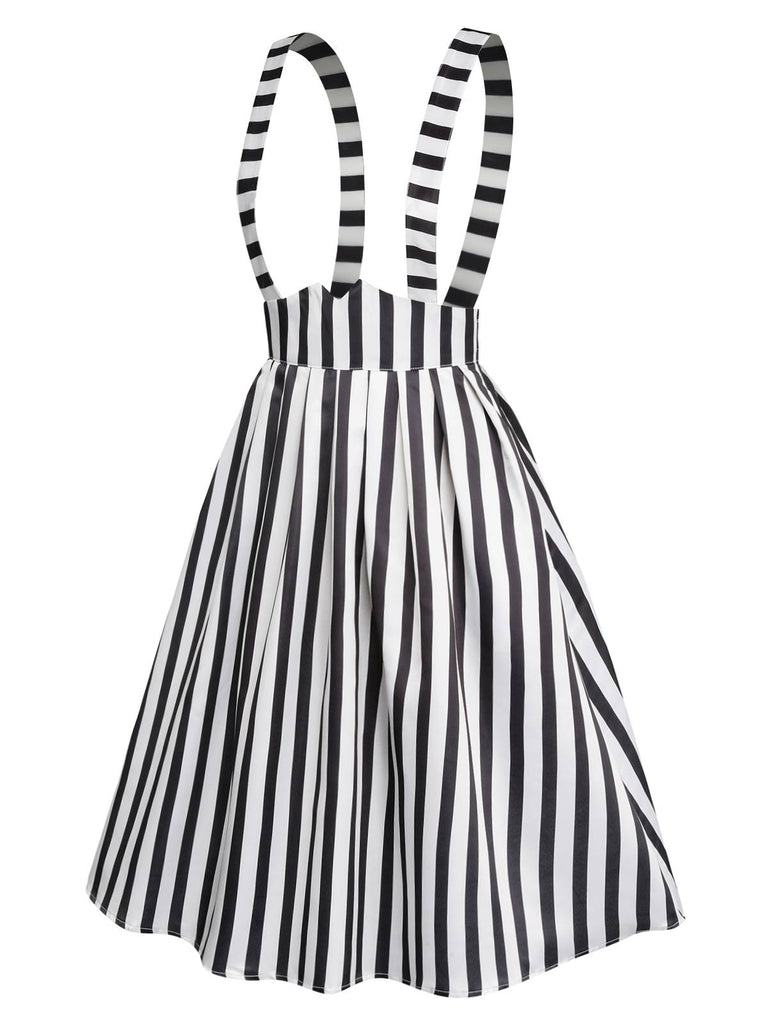 2PCS 1950er Beetlejuice Kostüm Schwarz Rüschenärmel Bluse & Streifen Straps Rock
